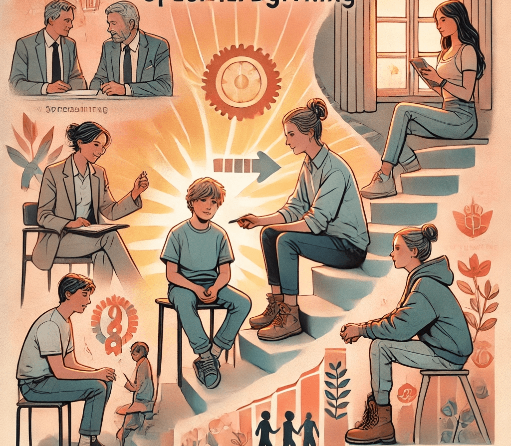 billedet illustrerer vigtigheden af gode samtaler. Der er en trappe der bevæger sig op ad, som illustrerer samtalernes lettende og udviklende funktion. Der er forskellige aldersgrupper inkluderet, der illustrerer betydningen af at de voksne taler med de unge